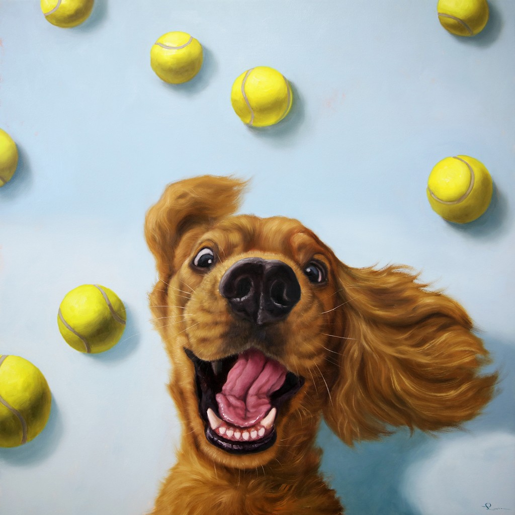 Lucia Heffernan, Ball Boy (Hund, Cocker Spaniel, fröhlich, Tennisbälle, Spaß, Grafik, Wunschgröße, witzig, lustig, komisch, Wohnzimmer, Treppenhaus, bunt,Comic)