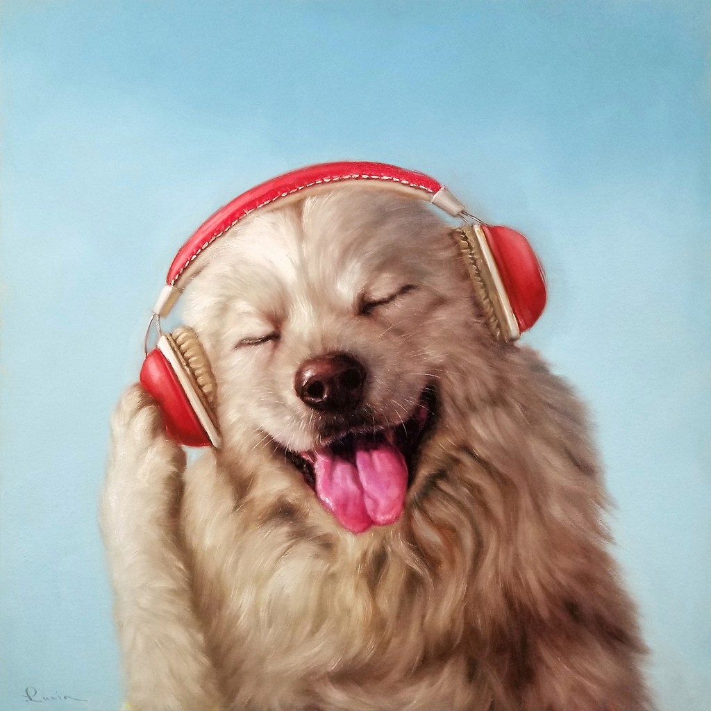 Lucia Heffernan, Woof Jam (Hund, Kopfhörer, Spaß, Grafik,  Antropomorphismus, Wunschgröße, witzig, lustig, komisch, Wohnzimmer, Treppenhaus, bunt,Comic)