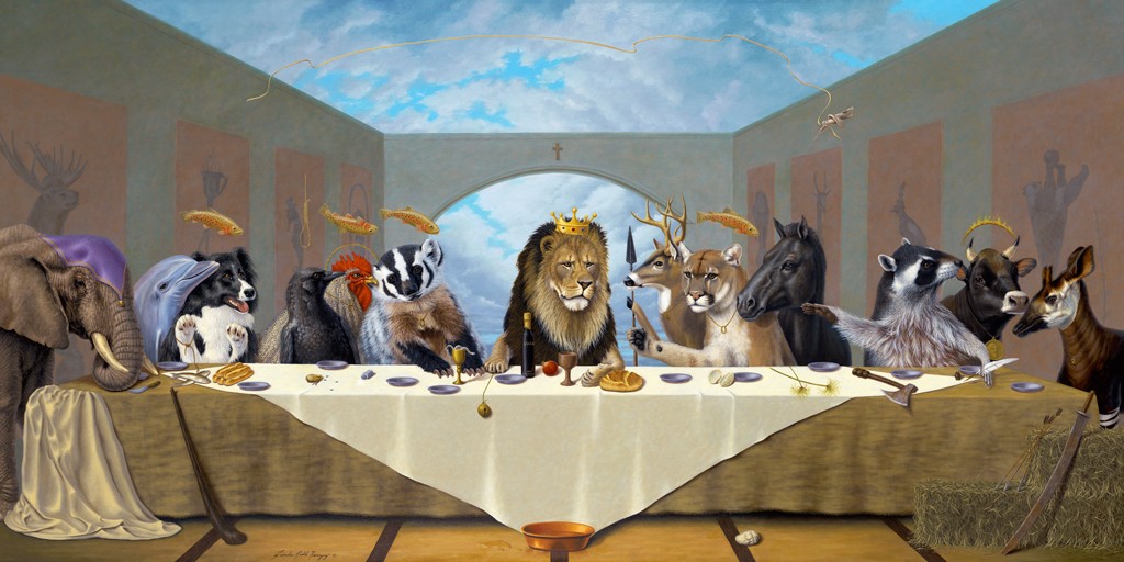 Linda Ridd Herzog, Last Supper (letztes Abendmahl, Tiere, Löwe, König, Spaß, Grafik,  Antropomorphismus, Wunschgröße,   witzig, lustig, komisch, Wohnzimmer, Treppenhaus, bunt)