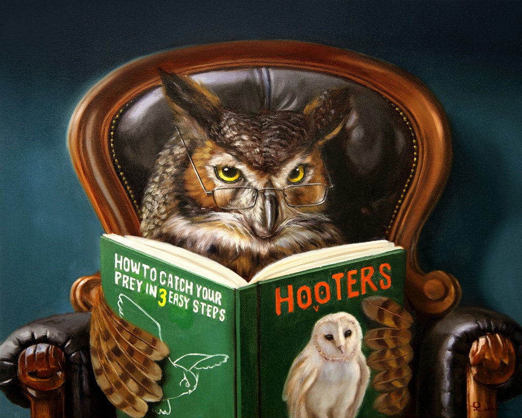 Lucia Heffernan, Own Porn (Uhu, Sessel, Buch, lesen, Hooters, Spaß, Grafik,  Antropomorphismus, Wunschgröße, witzig, lustig, komisch, Wohnzimmer, Treppenhaus, bunt,Comic)