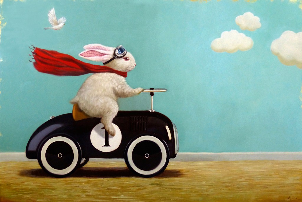 Lucia Heffernan, Road Trip (Hase, Spielauto, mobil, Spaß, Grafik, Antropomorphismus, Wunschgröße, witzig, lustig, komisch, Wohnzimmer, Treppenhaus, bunt,Comic)