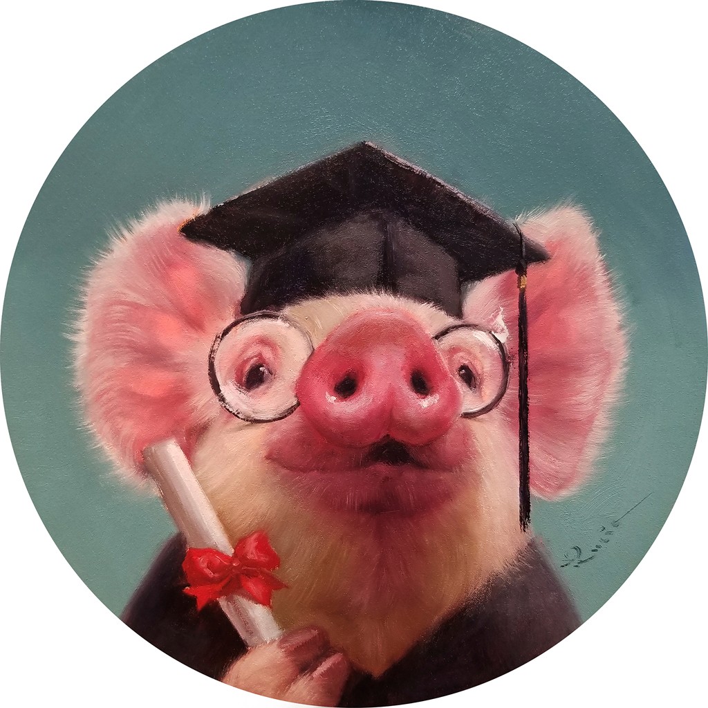 Lucia Heffernan, Proud Graduate (Schwein, doktorhut, Urkunde, Examen, Spaß, Grafik,  Antropomorphismus, Wunschgröße, witzig, lustig, komisch, Wohnzimmer, Treppenhaus, bunt,Comic)