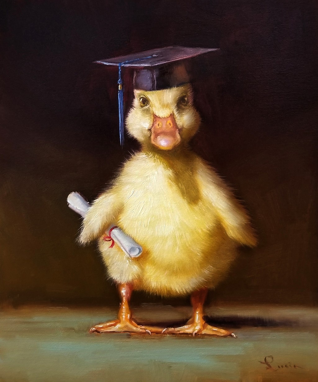 Lucia Heffernan, The Graduate (Doktorhut, Küken, Urkunde, niedlich, Spaß, Grafik,  Antropomorphismus, Wunschgröße, witzig, lustig, komisch, Wohnzimmer, Treppenhaus, bunt,Comic)