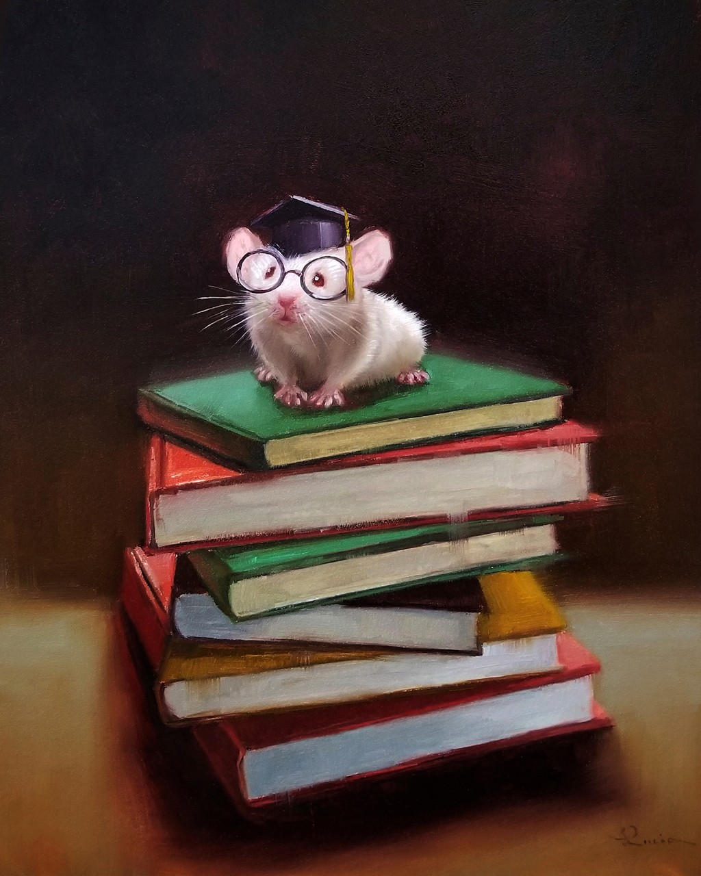 Lucia Heffernan, The Valedictorian (Bücher, Stapel, Maus, Doktorhut,  Spaß, Grafik,  Antropomorphismus, Wunschgröße, witzig, lustig, komisch, Wohnzimmer, Treppenhaus, bunt,Comic)