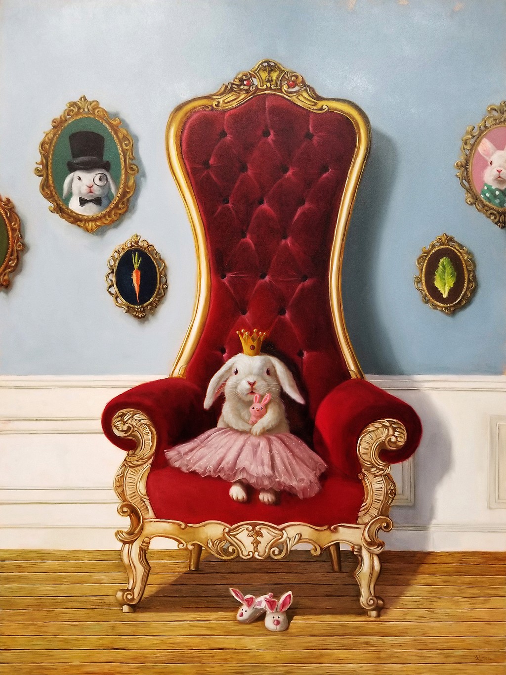 Lucia Heffernan, Little Princess (Hase, Thron, Prinzessin, Krone, Tüllrock, Spaß, Grafik,  Antropomorphismus, Wunschgröße, witzig, lustig, komisch, Wohnzimmer, Treppenhaus, bunt,Comic)
