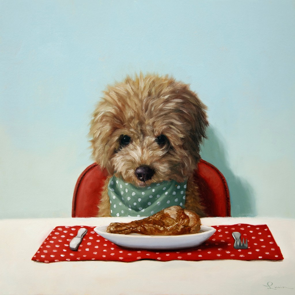 Lucia Heffernan, Puppy Chow (Hund, Lätzchen, Esstisch, Fleisch, Mahlzeit, Spaß, Grafik,  Antropomorphismus, Wunschgröße, witzig, lustig, komisch, Esszimmer, Küche, Treppenhaus, bunt,Comic)