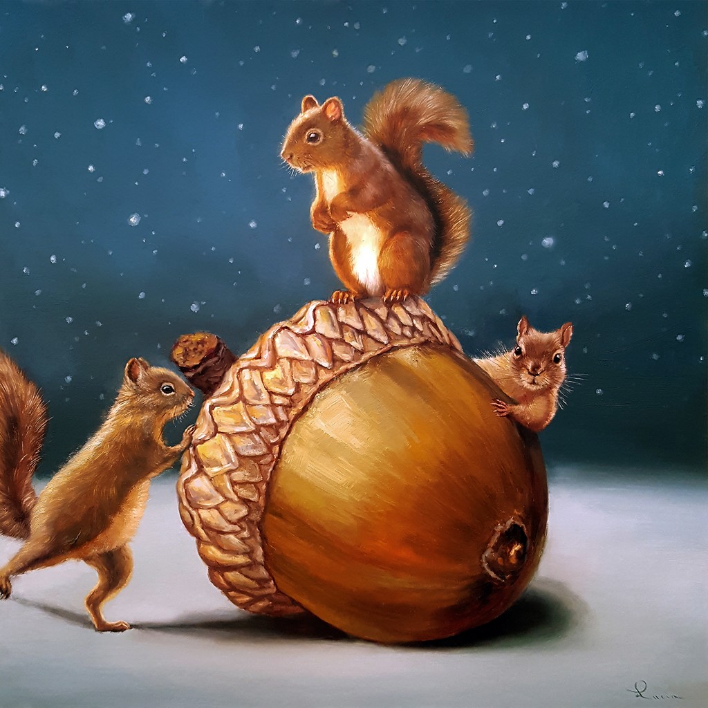 Lucia Heffernan, The Big Find (Eichhörnchen, Fund, Eichel, Frucht, Spaß, Grafik,  Antropomorphismus, Wunschgröße, witzig, lustig, komisch, Wohnzimmer, Treppenhaus, bunt,Comic)