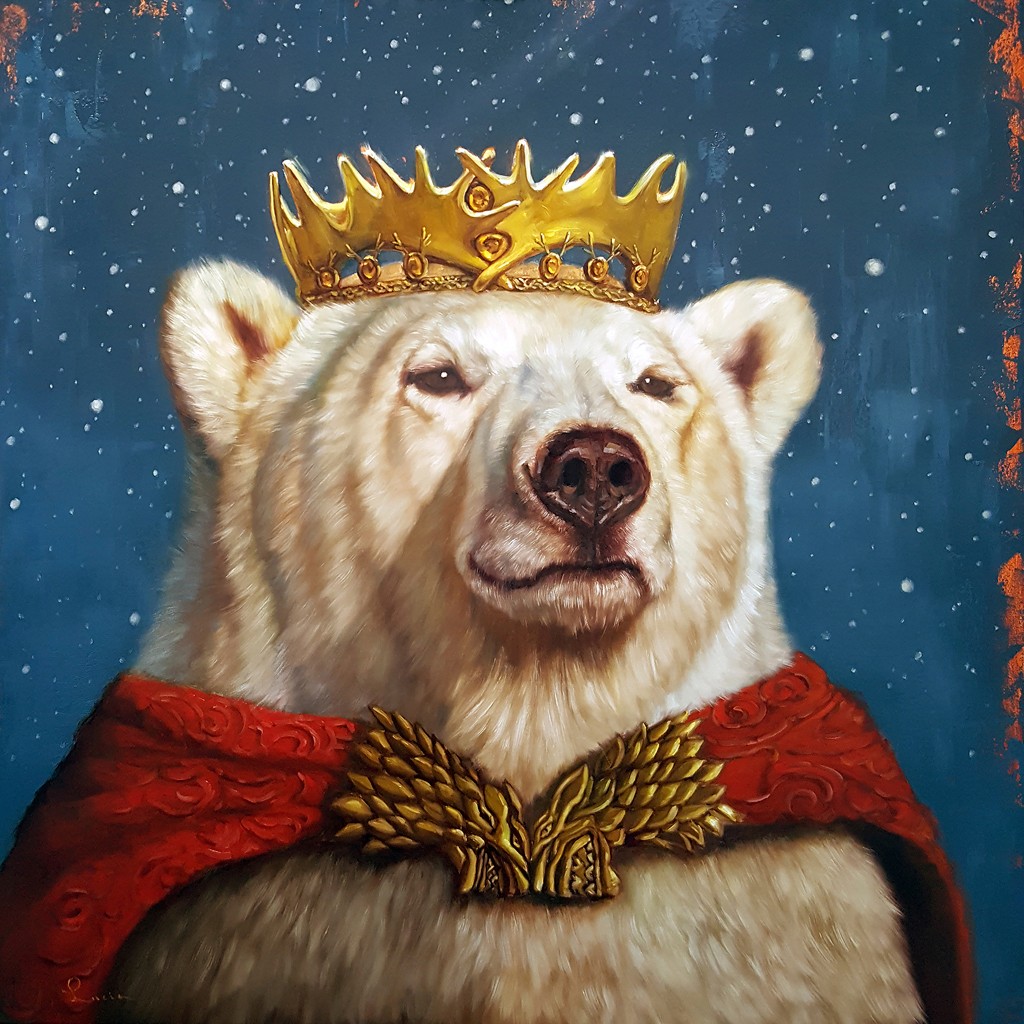 Lucia Heffernan, Snow King (Eisbär, Majestät, König, Krone,  Umhang, edel, Spaß, Grafik,  Antropomorphismus, Wunschgröße, witzig, lustig, komisch, Wohnzimmer, Treppenhaus, bunt,Comic)