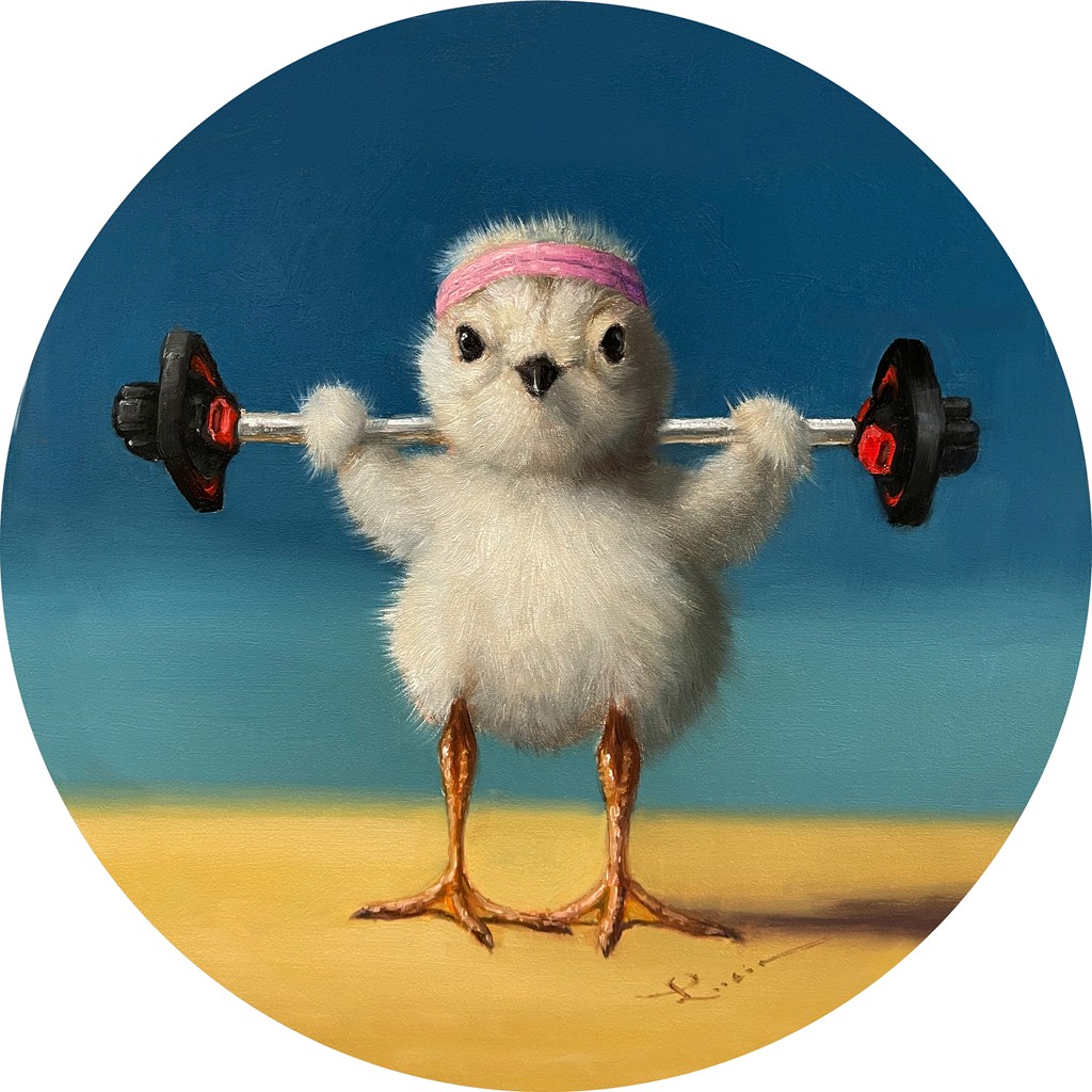 Lucia Heffernan, Feather Weight Two (Gewichtheben, Hanteln, Sport, Küken, Spaß, Grafik,  Antropomorphismus, Wunschgröße, witzig, lustig, komisch, Wohnzimmer, Treppenhaus, bunt,Comic)