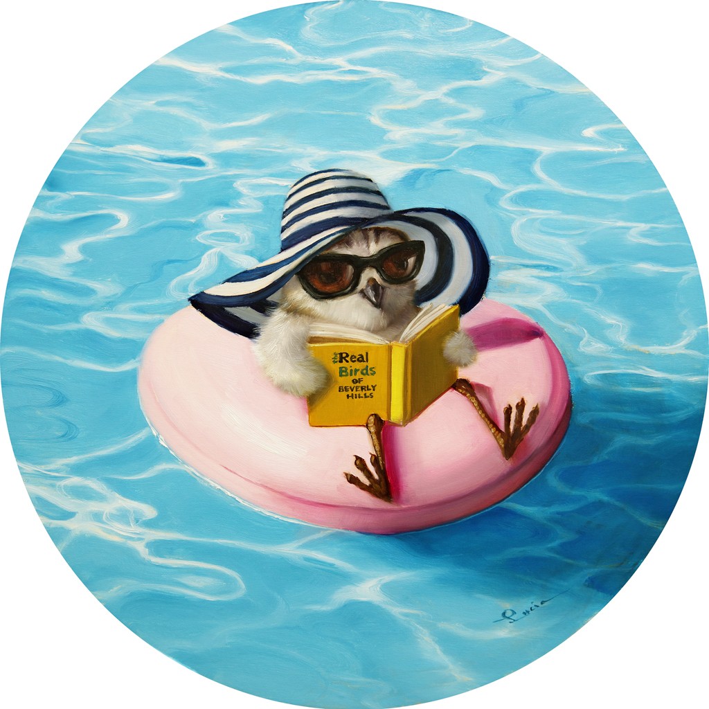 Lucia Heffernan, High Society (Urlaub, Pool, Schwimmring, Küken, Hut, Sonnenbrille, Spaß, Grafik,  Antropomorphismus, Wunschgröße, witzig, lustig, komisch, Wohnzimmer, Treppenhaus, bunt ,Comic)