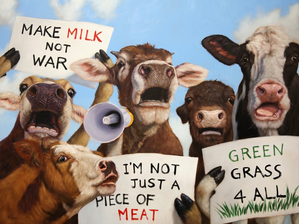 Lucia Heffernan, Political Moooovement (Kühe, Protest, Aktion, Demonstration, Spaß, Grafik,  Antropomorphismus, Wunschgröße, witzig, lustig, komisch, Wohnzimmer, Treppenhaus, bunt,Comic)