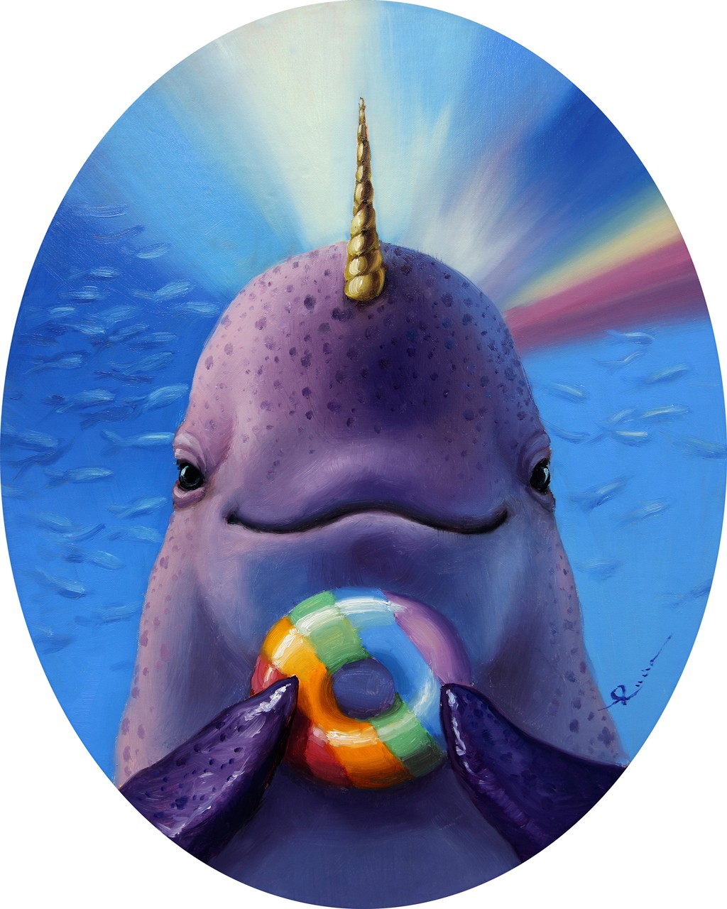 Lucia Heffernan, Catch of the Day (Delphin, einhorn, Bagel, Gewinner, Glück, Spaß, Grafik,  Antropomorphismus, Wunschgröße, witzig, lustig, komisch, Wohnzimmer, Treppenhaus, bunt,Comic)