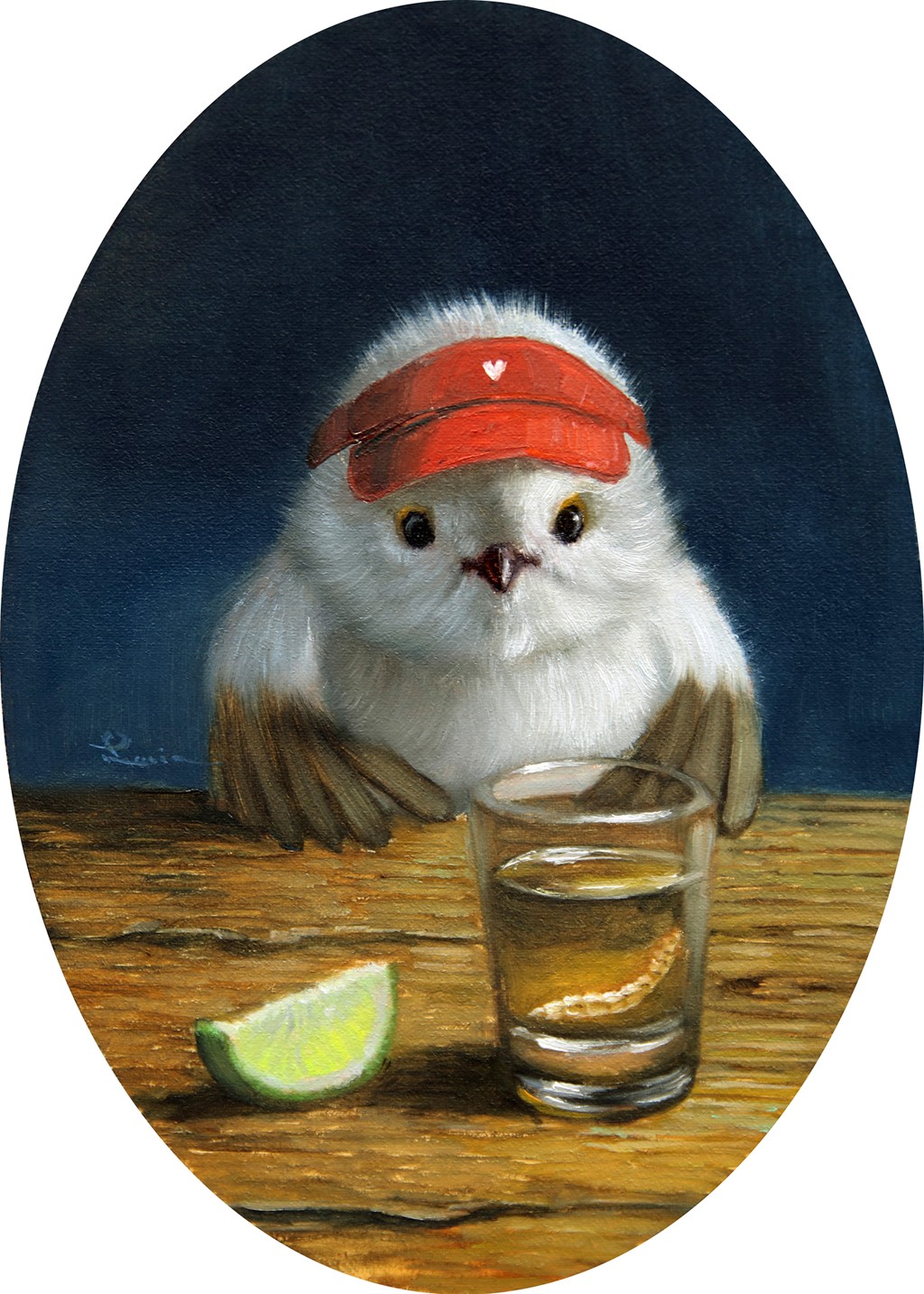 Lucia Heffernan, Birdie Shot (Küken, Drink, Tequilla, Wurm, Zitrone, Spaß, Grafik,  Antropomorphismus, Wunschgröße, witzig, lustig, komisch, Bar, Gastronomie, Esszimmer, Treppenhaus, bunt,Comic)