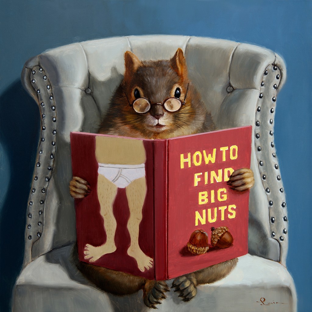 Lucia Heffernan, Nut Collecting (Eichhörnchen, Sessel, Lesen, Buch, Nüsse, Spaß, Grafik,  Antropomorphismus, Wunschgröße, witzig, lustig, komisch, Wohnzimmer, Treppenhaus, bunt,Comic)