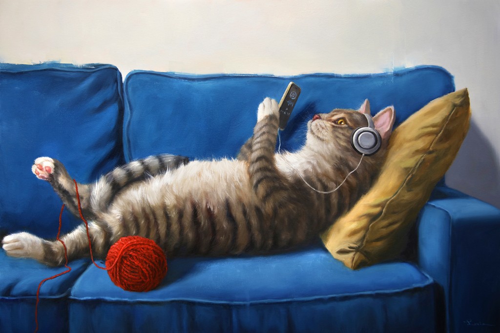 Lucia Heffernan, Lazy Sunday (Katze, Couch, Entspannung, Faullenzen, Spaß, Grafik,  Antropomorphismus, Wunschgröße, witzig, lustig, komisch, Wohnzimmer, Treppenhaus, bunt,Comic)