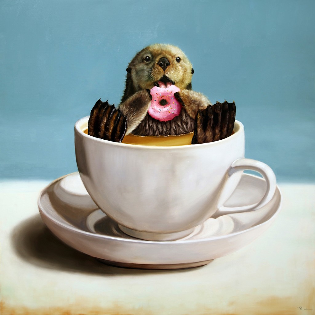 Lucia Heffernan, Otterly Delicious (Otter, Tasse, Bad, Bagel, Genuss, Spaß, Grafik,  Antropomorphismus, Wunschgröße, witzig, lustig, komisch, Esszimmer, Treppenhaus, bunt,Comic)