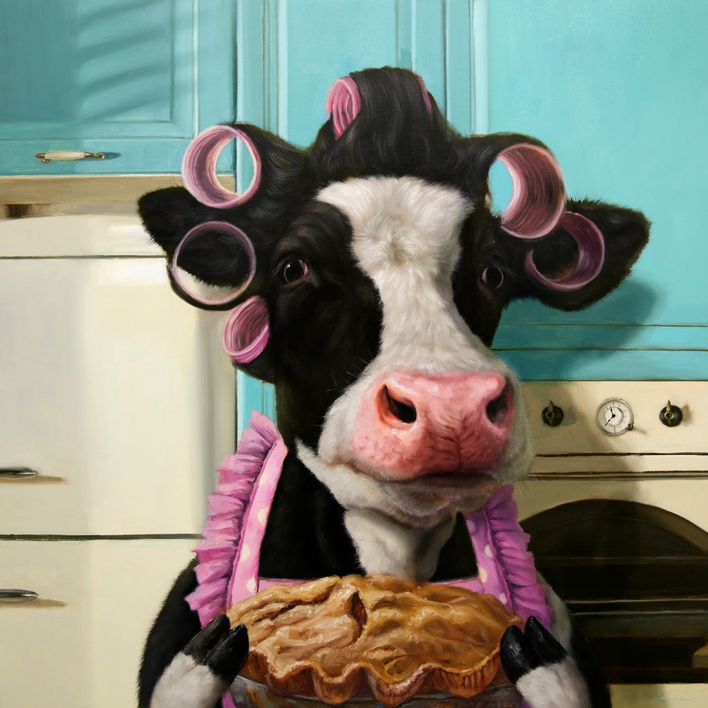 Lucia Heffernan, Cow Pie (Kuh, Hausfrau, Lockenwickler, Backen, Pie, Spaß, Grafik,  Antropomorphismus, Wunschgröße, witzig, lustig, komisch, Küche, Esszimmer, bunt,Comic)