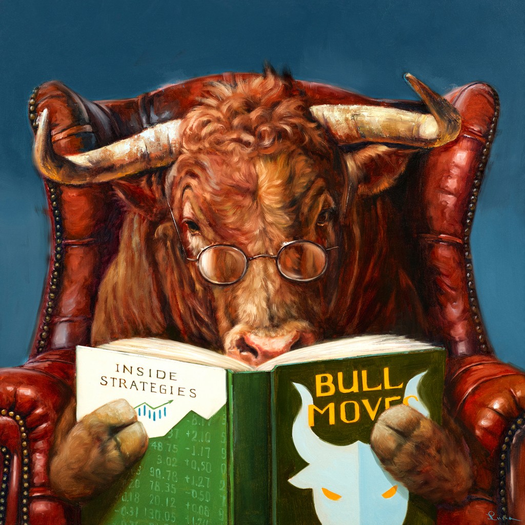 Lucia Heffernan, Optimist (Bulle, Stier, Buch, Lesen, Sessel, Spaß, Grafik,  Antropomorphismus, Wunschgröße, witzig, lustig, komisch, Wohnzimmer, Treppenhaus, bunt,Comic)