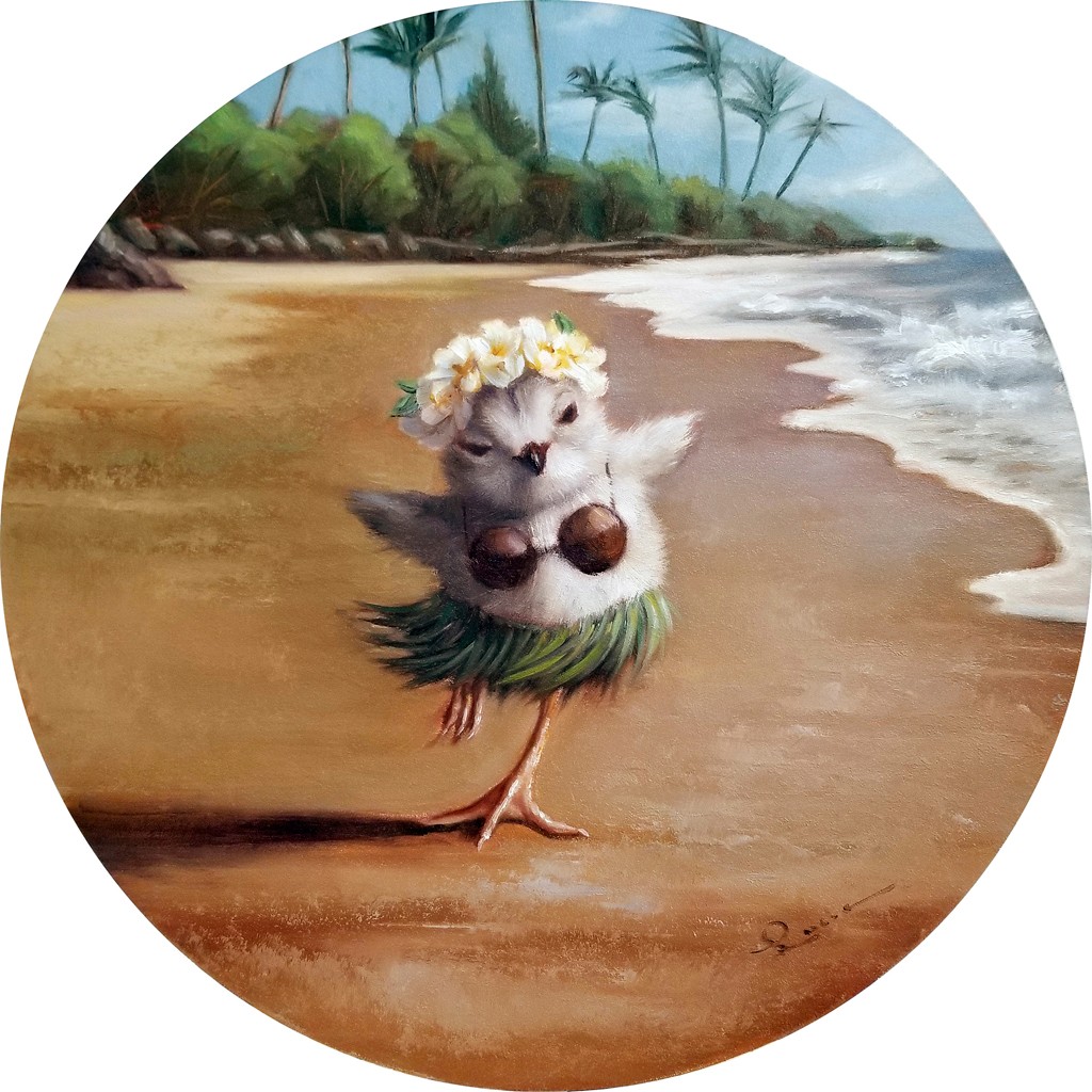 Lucia Heffernan, Huly Chick (Küken, Strand, Tanz, Spaß, Grafik,  Antropomorphismus, Wunschgröße, Comic, witzig, lustig, komisch, Wohnzimmer, Treppenhaus, bunt)