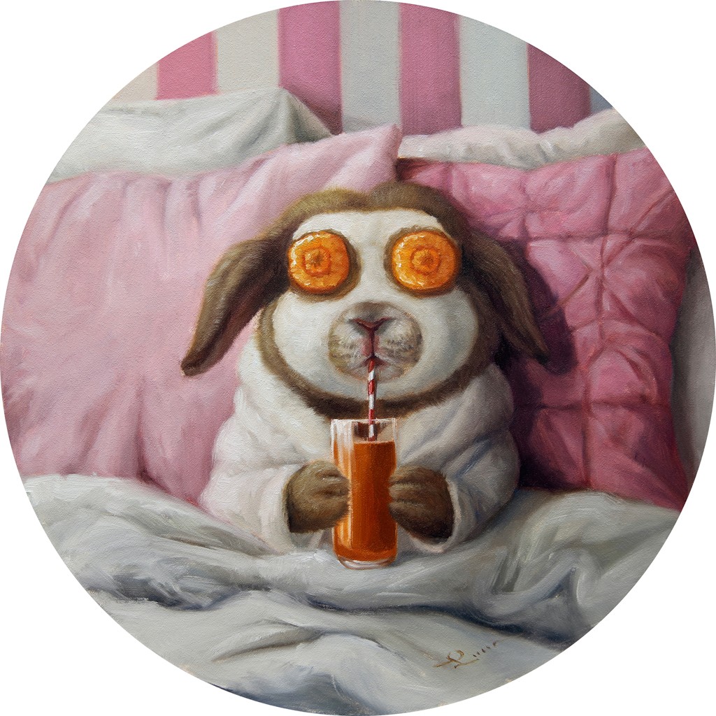 Lucia Heffernan, Personal Carrot Day (Bett, Hase, Karotten, Faullenzen, Spaß, Grafik,  Antropomorphismus, Wunschgröße, Comic, witzig, lustig, komisch, Schlafzimmer, Treppenhaus, bunt)