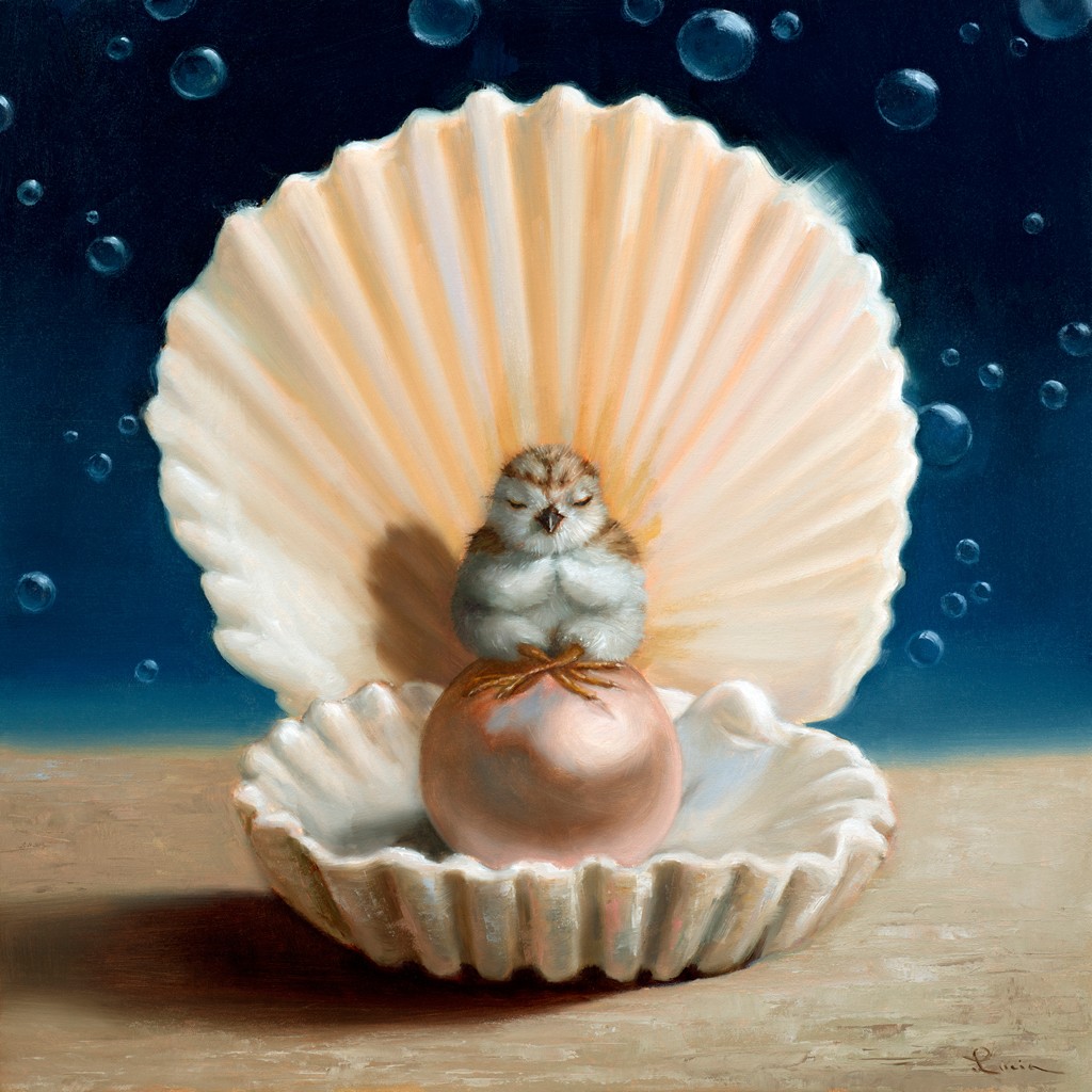 Lucia Heffernan, The World is Your Oyster (Muschel, Perle, Küken, Meditation, Schutz, Geborgenheit, Spaß, Grafik,  Antropomorphismus, Wunschgröße, Comic, witzig, lustig, komisch, Schlafzimmer, Badezimmer, Treppenhaus, bunt)