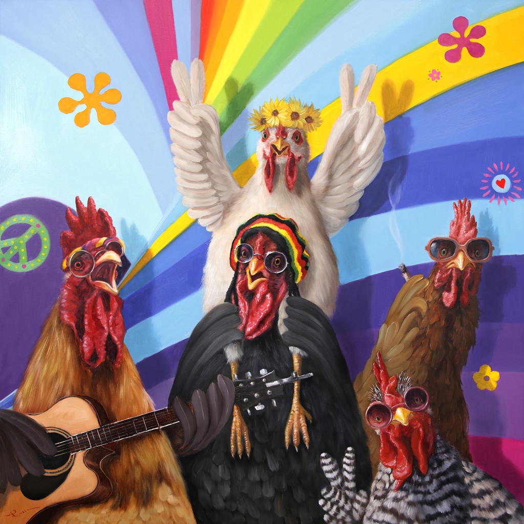 Lucia Heffernan, Free Range (Band, Musik, Hühner, Hippy - Style, flower power, Spaß, Grafik,  Antropomorphismus, Wunschgröße, Comic, witzig, lustig, komisch, Wohnzimmer, Treppenhaus, bunt)