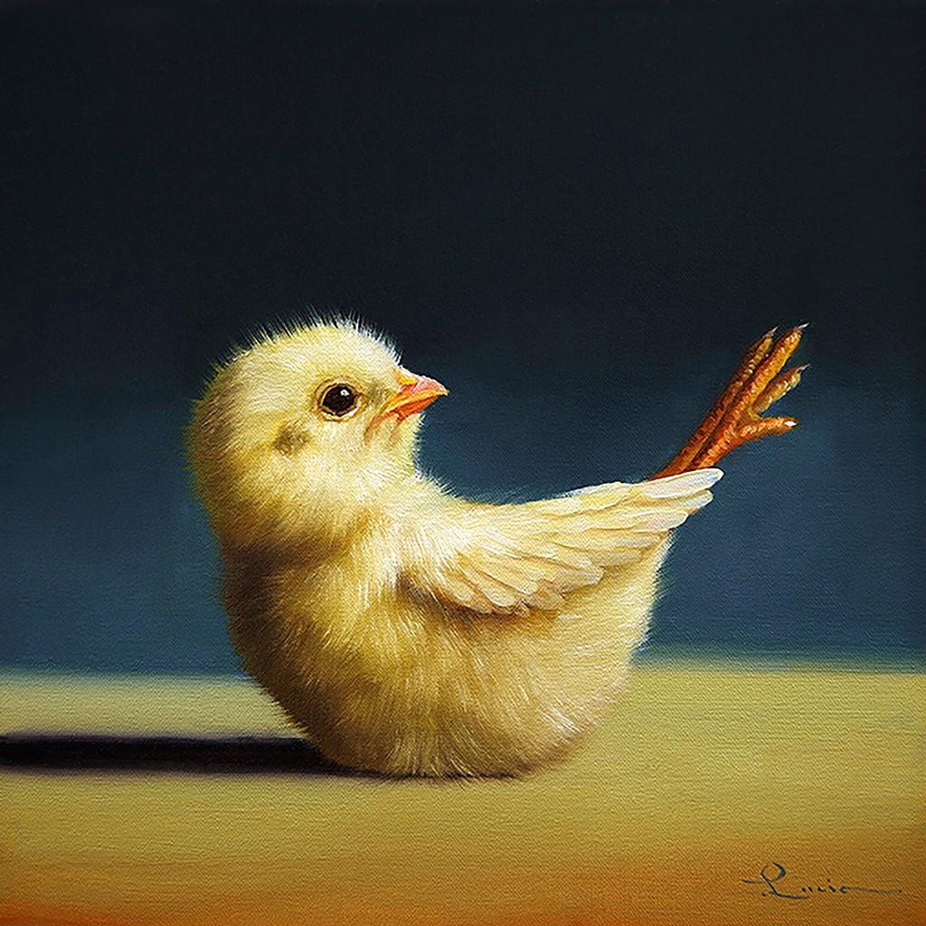 Lucia Heffernan, Yoga Chick Boat Pose (Küken, Yoga, Antropomorphismus, Wunschgröße, Comic, witzig, lustig, komisch, Wohnzimmer, Treppenhaus, bunt)