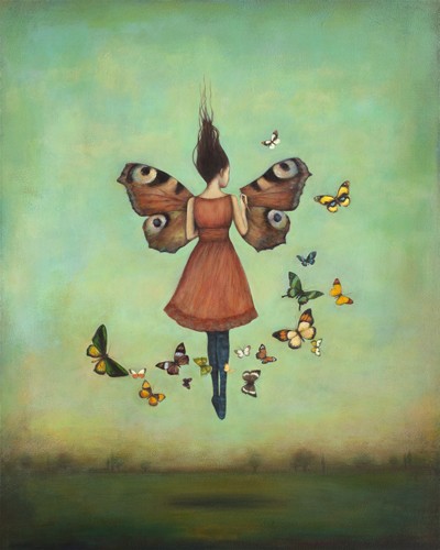Duy Huynh, Imago Sky (Traumwelt, Surreal, Frau, Schwebende, Leichtigkeit, Schmetterlinge, Schmetterlingsflügel, diffuse Landschaft, Wohnzimmer, Jugendzimmer, Schlafzimmer, Treppenhaus, Wunschgröße,  bunt)