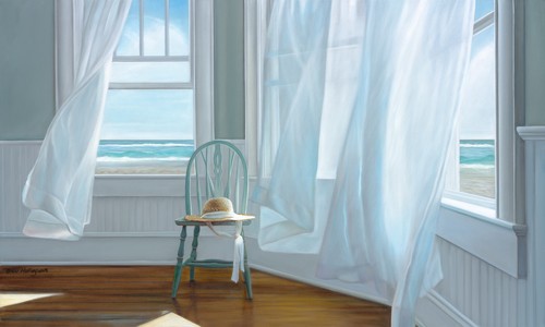 Karen Hollingsworth, Intention (Fotorealismus, Meeresbrise, Meer, Fenster, Erker, Innenraum, Stuhl, Vorhang,  wehende Gardine, Sonnenlicht, Lichtflecken, Aussicht, Wohnzimmer, Schlafzimmer, Malerei, Modern,  Wunschgröße,  bunt)