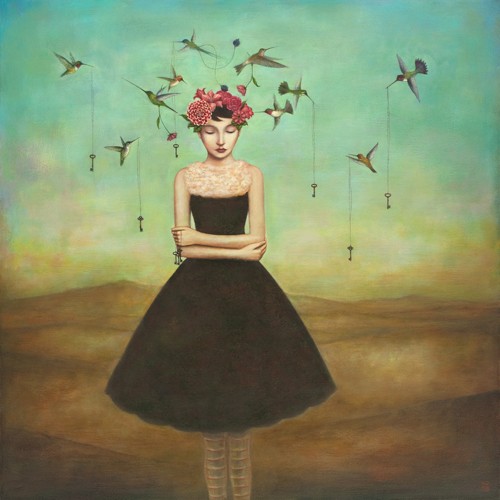 Duy Huynh, Fair Trade Frame of Mind (Traumwelt, Surreal, Frau, nachdenklich, verschlossen, Vögel, Kolibris, Schlüssel,  diffuse Landschaft, Wohnzimmer, Jugendzimmer, Schlafzimmer, Treppenhaus, Wunschgröße,  bunt)