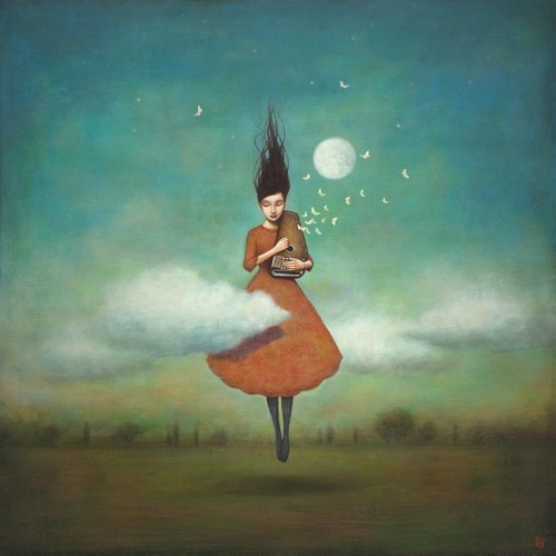 Duy Huynh, High Notes for Low Clouds (Traumwelt, Surreal, Frau, Schwebende, Leichtigkeit, Vollmond, nachtszene, Musikinstrument, musizierendes Mädchen, diffuse Landschaft, Wohnzimmer, Jugendzimmer, Schlafzimmer, Treppenhaus, Wunschgröße,  bunt)