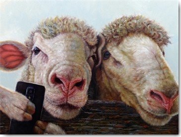 Lucia Heffernan, Selfi (Schafe, Selfi, Handy, Spaß, Grafik, Wunschgröße, witzig, lustig, komisch, Wohnzimmer, Treppenhaus, bunt,Comic)