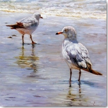 Lucia Heffernan, Waders (Möwen, Seevögel, Strand, Sand, Wasser, Meer, Meeresbrise, maritim, Malerei, Fotorealismus, Spaß,  Wunschgröße,  Wohnzimmer, Treppenhaus, Badezimmer, bunt,Comic)
