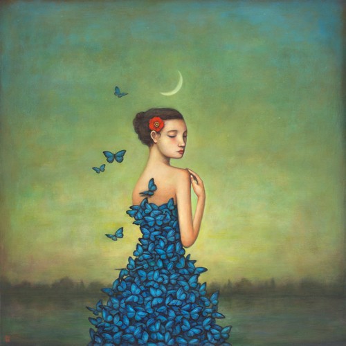 Duy Huynh, Metamorphosis in Blue (Traumwelt, Surreal, Frau,  blaue Schmetterlinge, verträumt, Schmetterlingskleid, diffuse Landschaft, Wohnzimmer, Jugendzimmer, Schlafzimmer, Treppenhaus, Wunschgröße,  bunt)