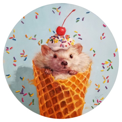 Lucia Heffernan, Sprinkled (Maus, Eistüte, Eishörnchen, Zuckerstreusel, Kirsche, Anthropomorphismus, Grafik, Wunschgröße, witzig, lustig, komisch, Wohnzimmer, Treppenhaus, bunt,Comic)