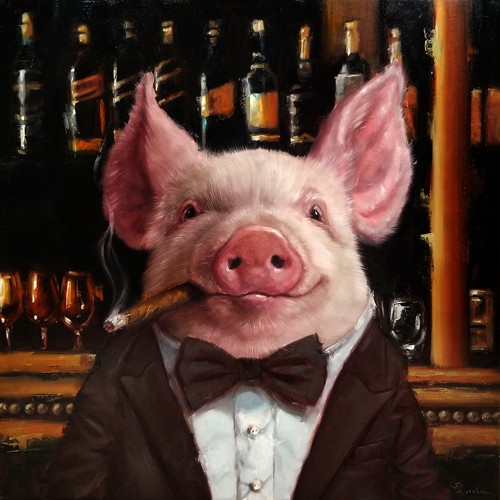 Lucia Heffernan, High Roller (Schwein, Bar, Gast, Zigarre, Spaß, Grafik, naturalitisch, Antropomorphismus, Wunschgröße, witzig, lustig, komisch, Wohnzimmer, Treppenhaus, Gastronomie, bunt,Comic)