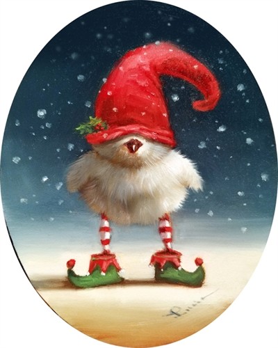 Lucia Heffernan, Xmas Help (Weihnachten, Wichtel, Küken, Spaß, Grafik, naturalitisch, Antropomorphismus, Wunschgröße, witzig, lustig, komisch, Wohnzimmer, Treppenhaus,  bunt)
