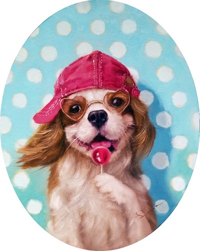 Lucia Heffernan, Simple Bliss (Hund, Lolli, Dauerlutscher, Kappe, Spaß, Grafik,  Antropomorphismus, Wunschgröße, witzig, lustig, komisch, Wohnzimmer, Treppenhaus, Kinderzimmer, bunt)