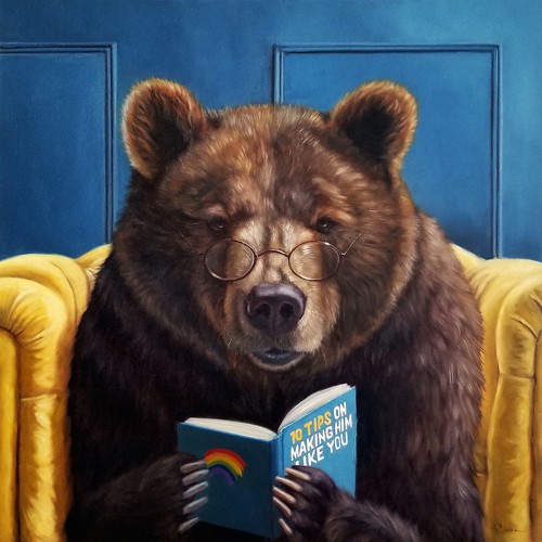 Lucia Heffernan, Bear Trap (Bär, Bärenfalle, Buch, lesen, Spaß, Grafik,  Antropomorphismus, Wunschgröße, witzig, lustig, komisch, Wohnzimmer, Treppenhaus,  bunt)