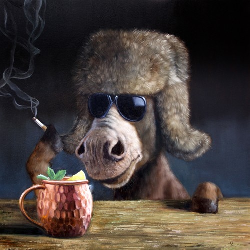 Lucia Heffernan, Moscow Mule (Esel, Russenmütze, Fellkappe, Cocktail, Kupferbecher, Spaß, Grafik,  Antropomorphismus, Wunschgröße, witzig, lustig, komisch, Wohnzimmer, Treppenhaus,  bunt)