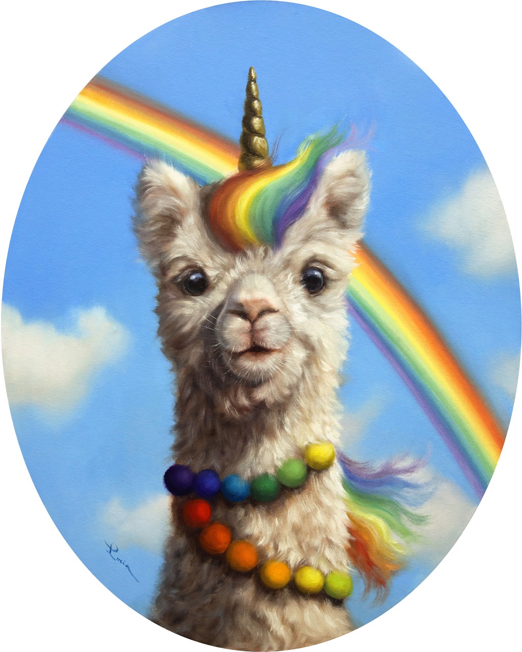 Lucia Heffernan, Unipaca (Alpaca, Regenbogen, Halskette, Einhorn, Freak, Spaß, Grafik,  Antropomorphismus, Wunschgröße, witzig, lustig, komisch, Wohnzimmer, Treppenhaus,  bunt,Comic)