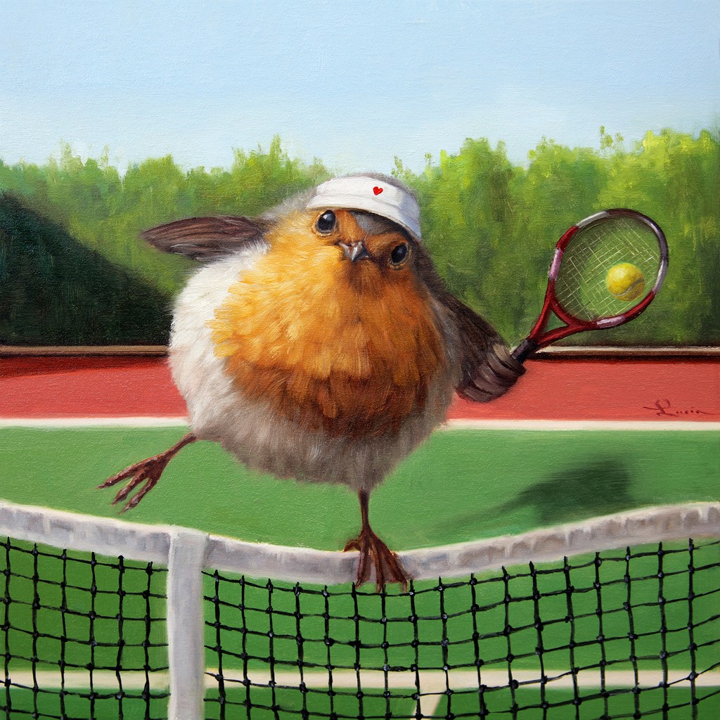 Lucia Heffernan, Round Robin (Rotkehlchen, Vogel, Tennis, Tennisschläger, Tennisplatz, Netz, Sport, Spaß, Grafik,  Antropomorphismus, Wunschgröße, witzig, lustig, komisch, Wohnzimmer, Treppenhaus, bunt,Comic)