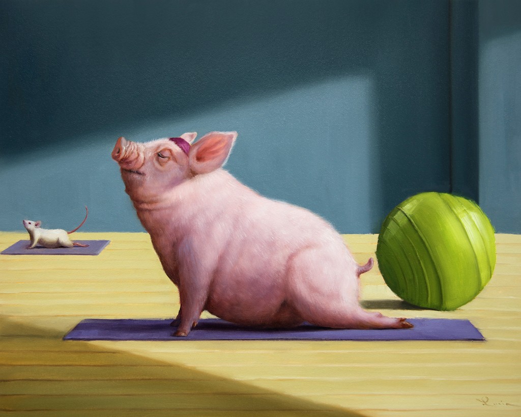 Lucia Heffernan, Yoga with Friends (Yoga, Schwein, Maus, Freunde, Sport, Spaß, Grafik,  Antropomorphismus, Wunschgröße, witzig, lustig, komisch, Wohnzimmer, Treppenhaus, bunt,Comic)