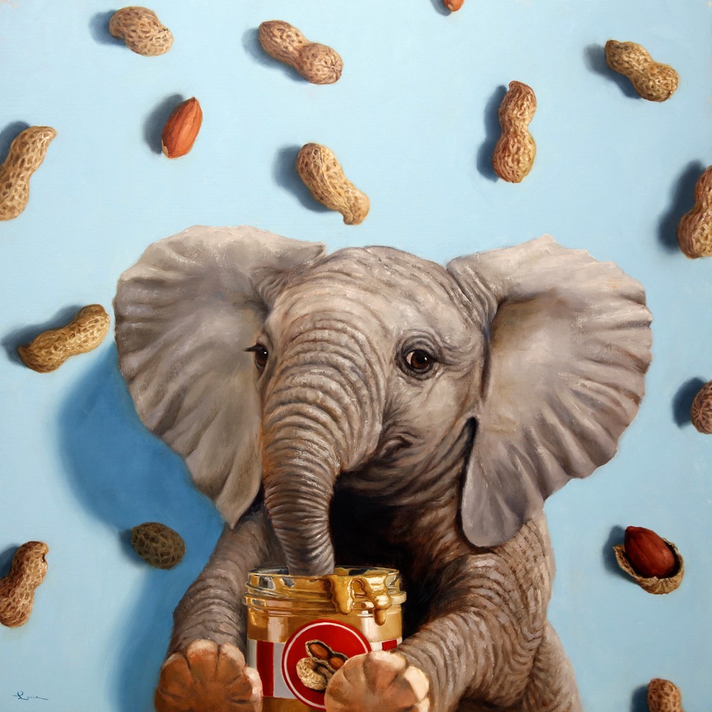 Lucia Heffernan, Feeling Nutty (Elefant, Erdnüsse, naschen, Erdnussbutter, Naschen,  Spaß, Grafik,  Wunschgröße, witzig, lustig, komisch, Wohnzimmer, Treppenhaus, bunt,Comic)