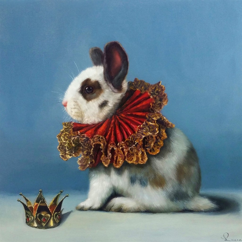 Lucia Heffernan, Queen of Hearts (Kaninchen, Tier, Krone, Königin, Mühlsteinkragen,  Spaß, Grafik,  Antropomorphismus, Wunschgröße, witzig, lustig, komisch, Wohnzimmer, Treppenhaus, bunt,Comic)