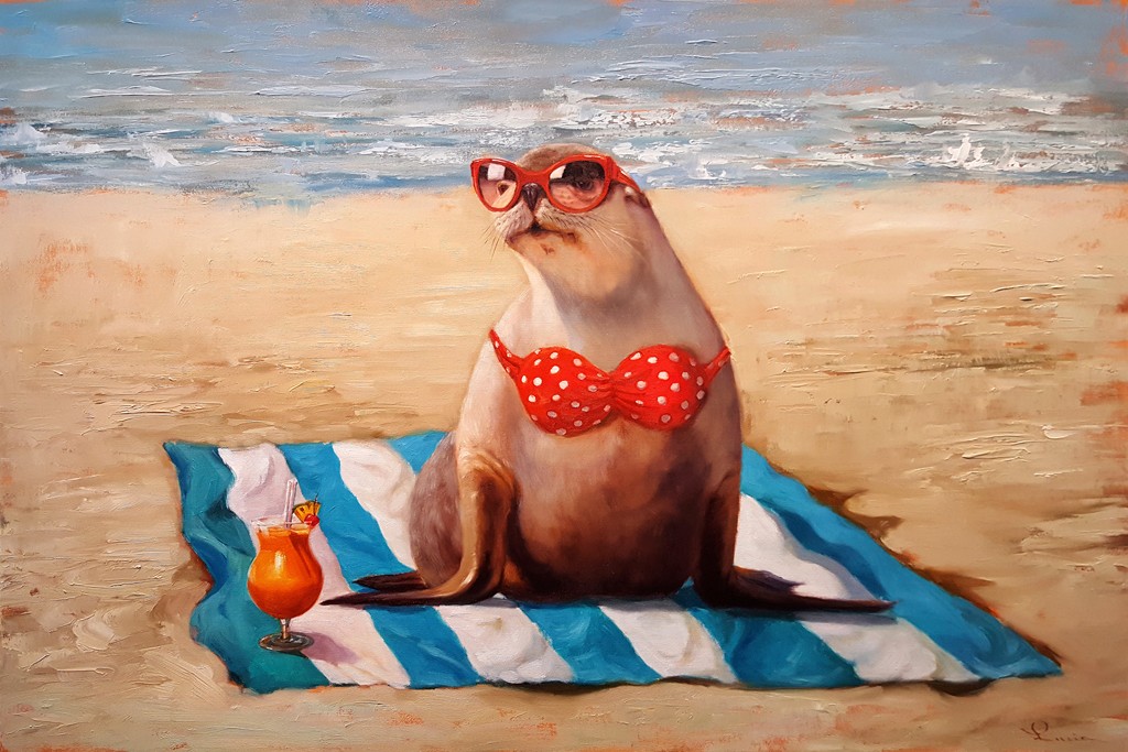 Lucia Heffernan, Beached (Robbe, Seehund, Bikini, Strand, Meer, Sand, Cocktail, Urlaub Spaß, Grafik,  Antropomorphismus, Wunschgröße, witzig, lustig, komisch, Wohnzimmer, Treppenhaus, bunt,Comic)