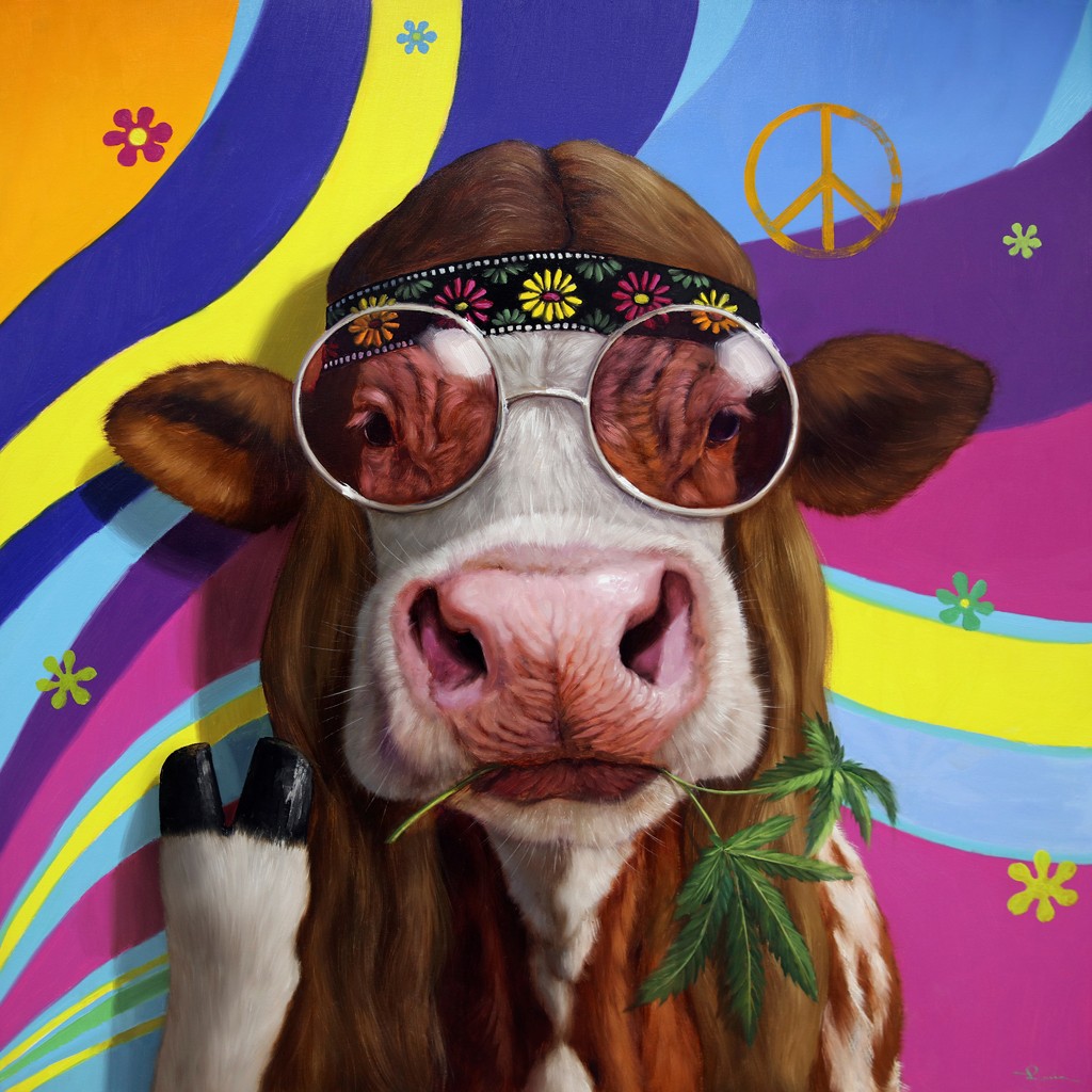 Lucia Heffernan, Gras Fed (Hippie, Sixties, Kuh, Flower Power, Sonnenbrille, Canabis, Gras, Peacezeichen, Spaß, Grafik,  Antropomorphismus, Wunschgröße, witzig, lustig, komisch, Wohnzimmer, Treppenhaus, bunt,Comic)