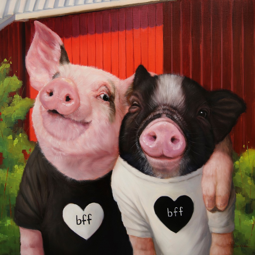 Lucia Heffernan, BFF (Schweinchen, Paar, beste Freunde, Herzen, Umarmung, Spaß, Grafik,  Antropomorphismus, Wunschgröße, witzig, lustig, komisch, Wohnzimmer, Treppenhaus, bunt,Comic)