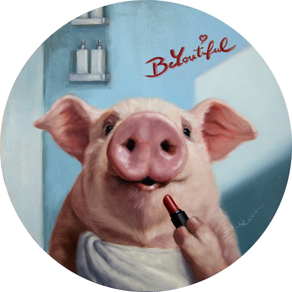 Lucia Heffernan, Charlotte`s Night Out (Schwein, rosa, Spiegel, Lippenstift, Schminken, Spaß, Grafik,  Antropomorphismus, Wunschgröße, witzig, lustig, komisch, Badezimmer, Treppenhaus, bunt,Comic)