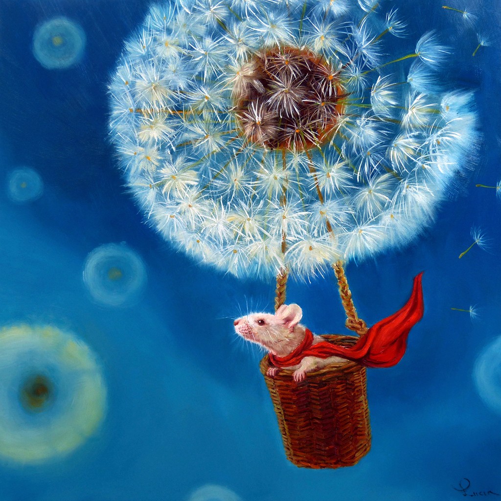 Lucia Heffernan, Gone with the Wind (Ballonfahrt, Maus, Löwenzahn, Pusteblumen, Samen, Spaß, Grafik,  Antropomorphismus, Wunschgröße, Comic, witzig, lustig, komisch, Wohnzimmer, Treppenhaus, bunt)